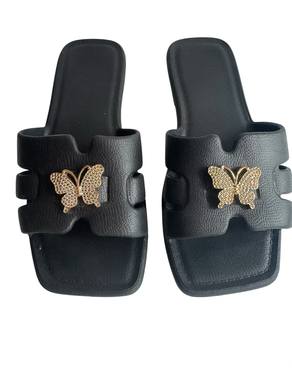 Black Slide Sandals with Gold Rhinestone Butterfly